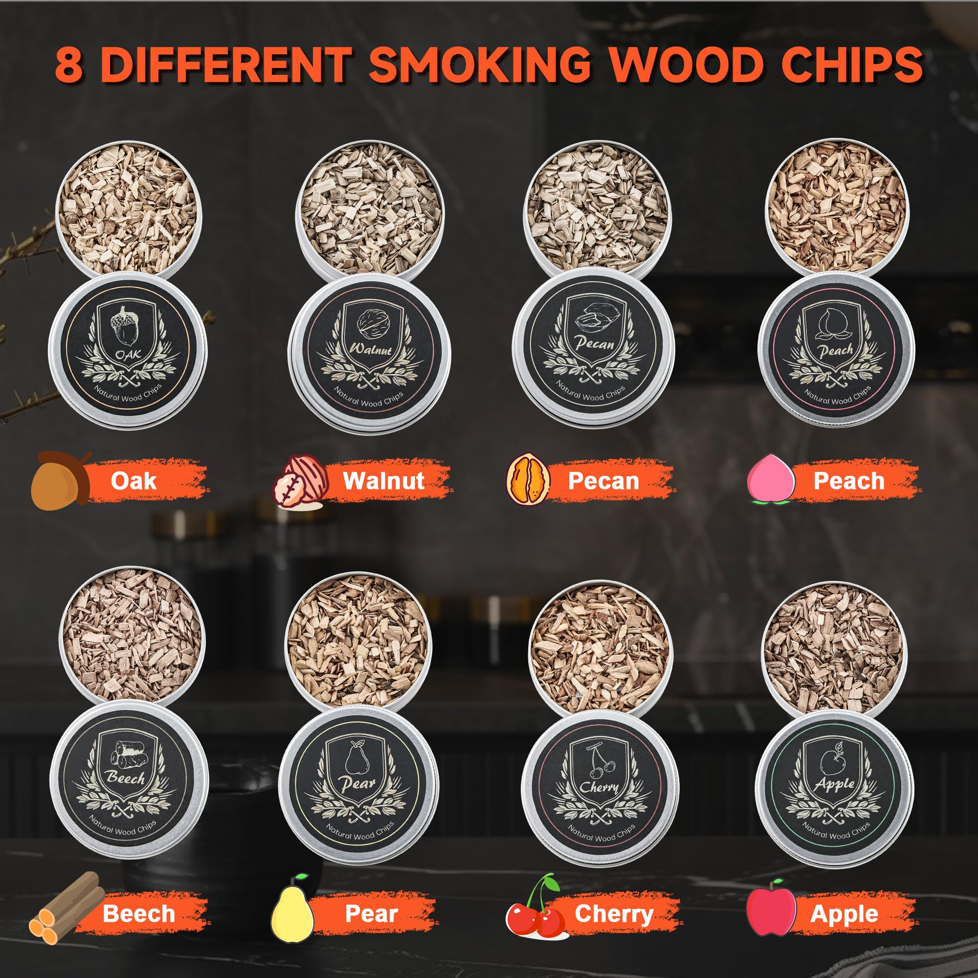 Wanvoapls eight wood chip flavors laid out to highlight customizable aromas