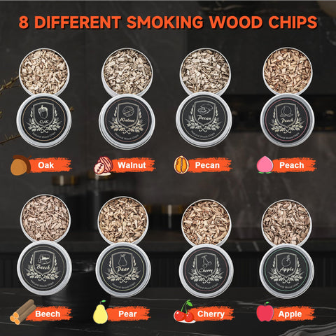 Wanvoapls eight wood chip flavors laid out to highlight customizable aromas
