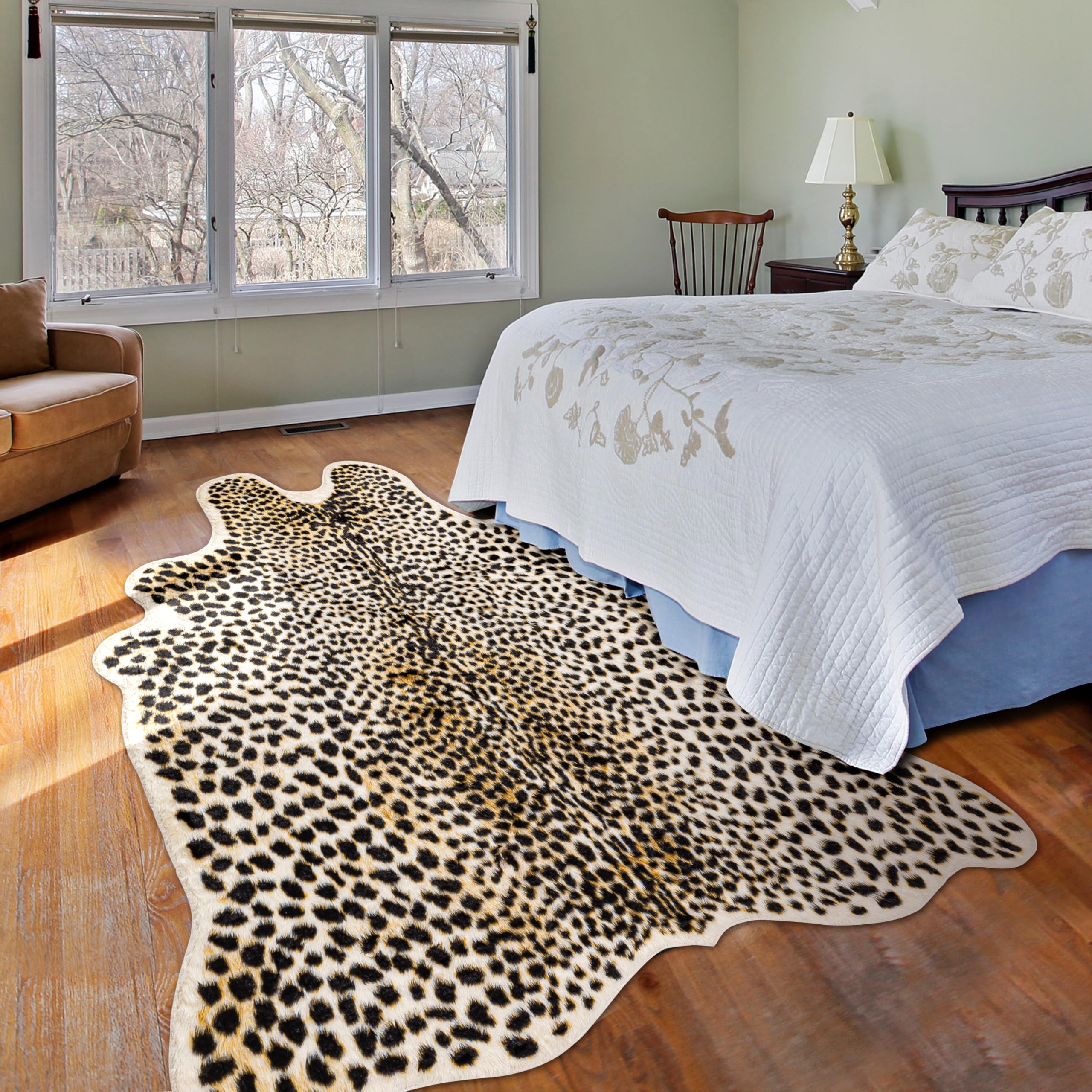 WARM HAVEN cheetah rug styled in bedroom for instant focal point