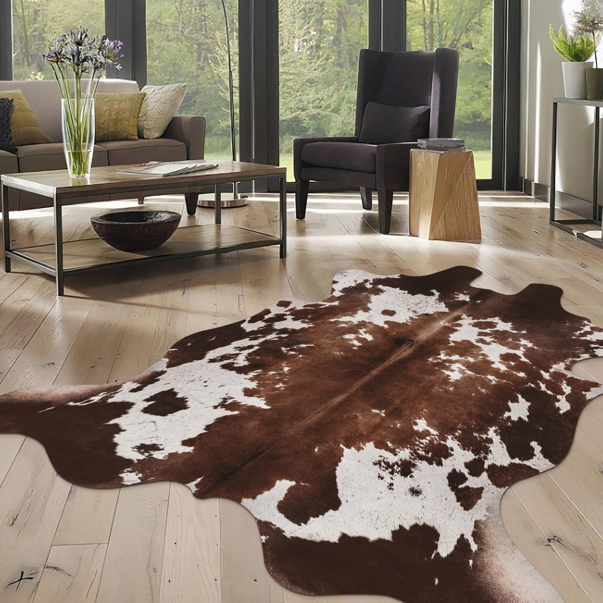 WARM HAVEN front view cowhide rug showing pattern and room benefit