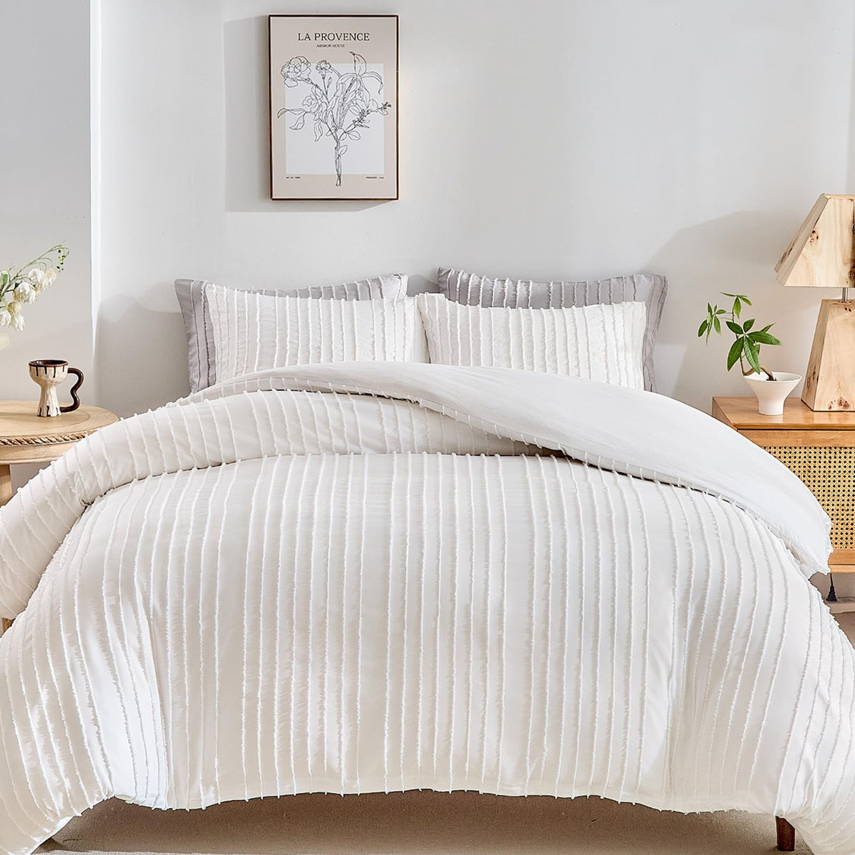WARMDERN front view duvet cover king showing elegant striped tufting and serene styling benefit