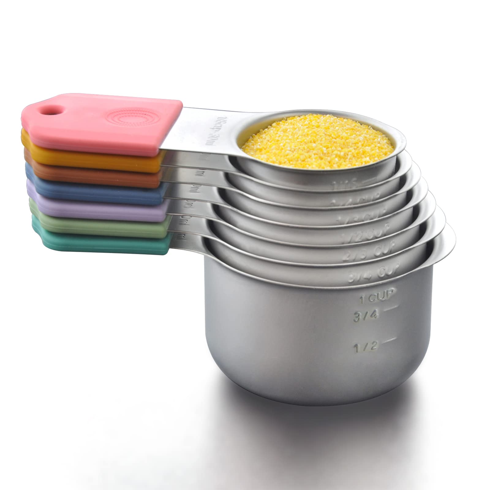 WARMHEART front view of 7-piece measuring cups showing complete set and colors