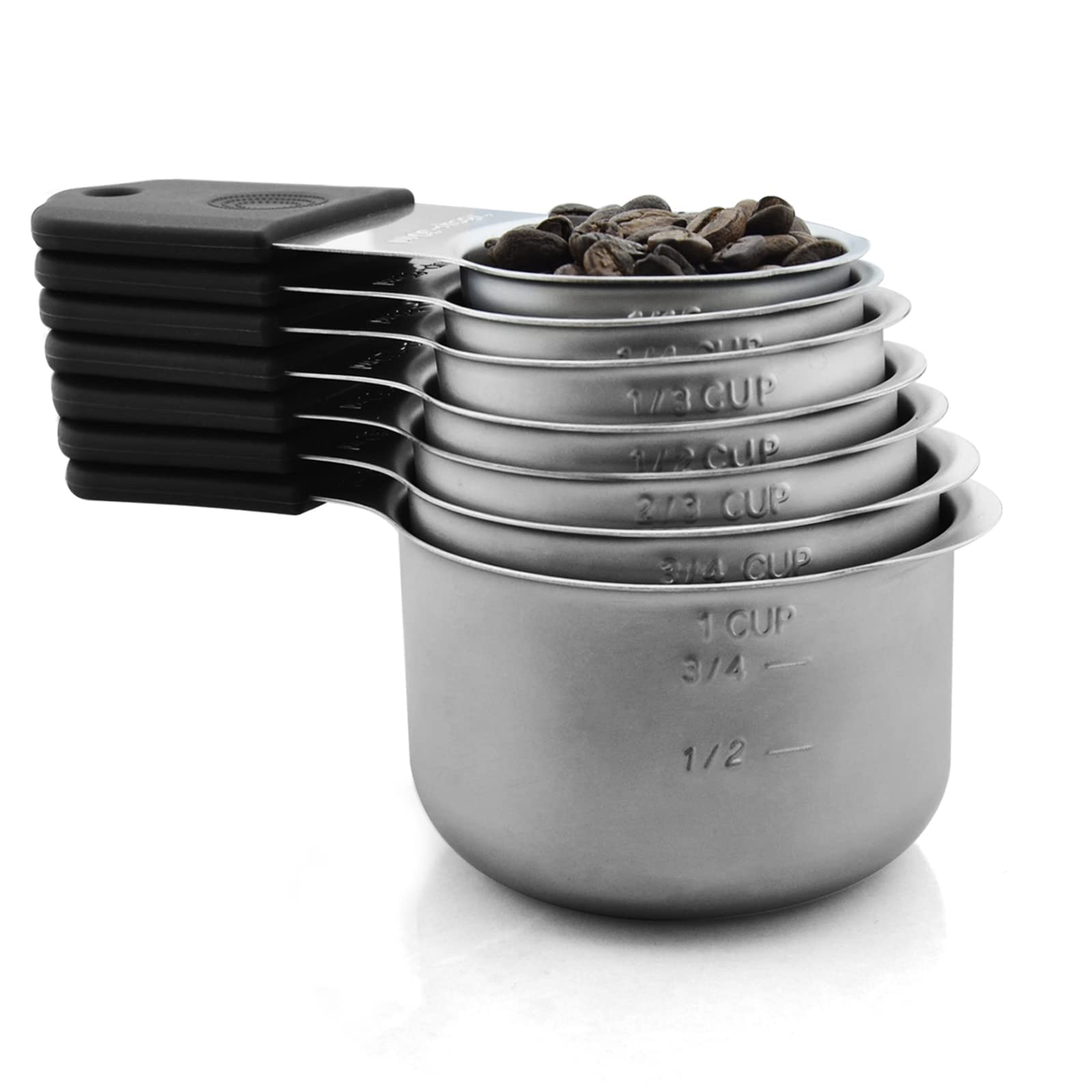 WARMHEART front view of full 7-piece set showing nested stainless steel cups and colored silicone handles for organized storage