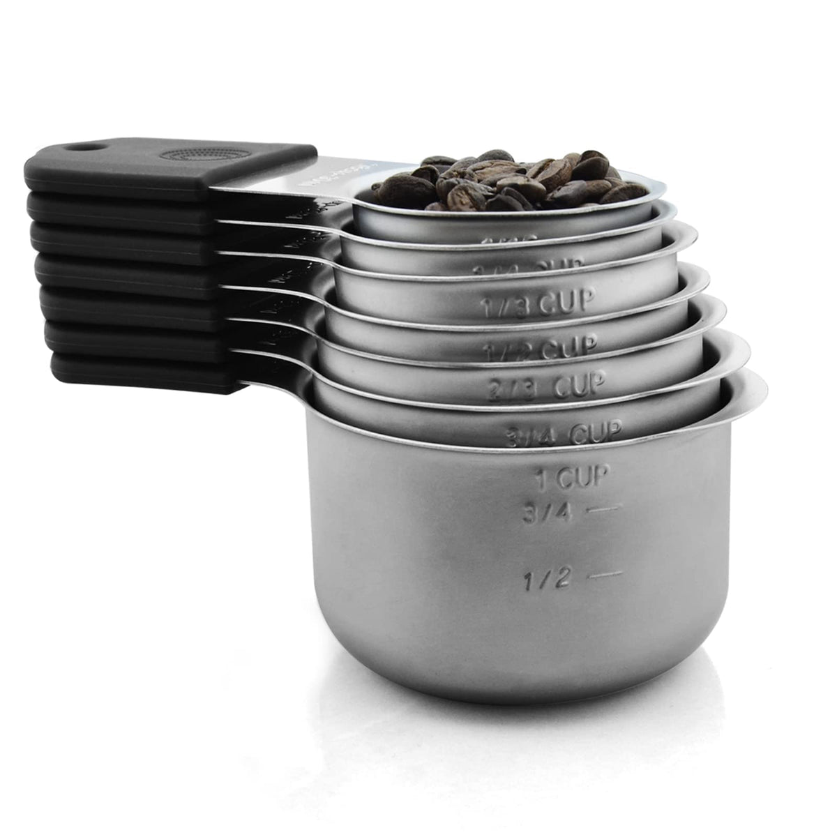 WARMHEART front view of full 7-piece set showing nested stainless steel cups and colored silicone handles for organized storage