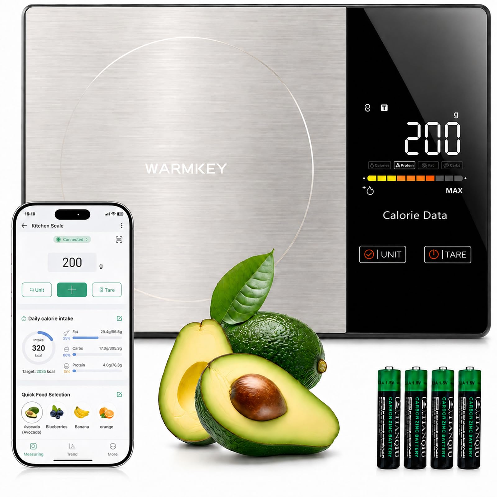 WARMKEY front view of scale showing clear display and slim profile for space-saving