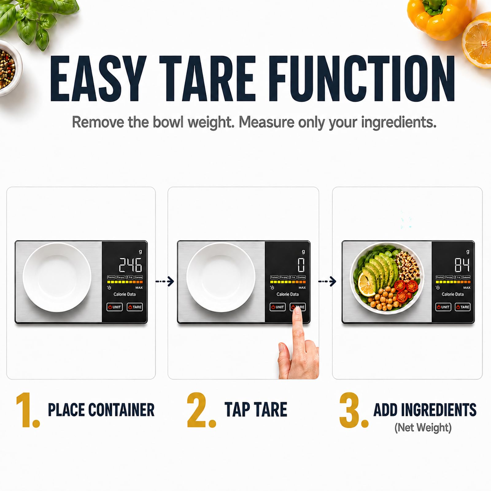 WARMKEY scale holding measured ingredients to visualize calorie and macro tracking