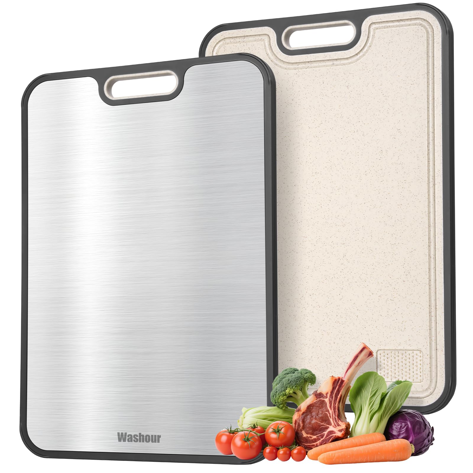 Washour cutting board front view showing dual-sided design and size benefit