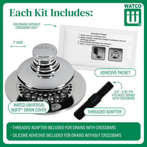 Watco NuFit close-up of grid strainer capturing hair and preventing clogs