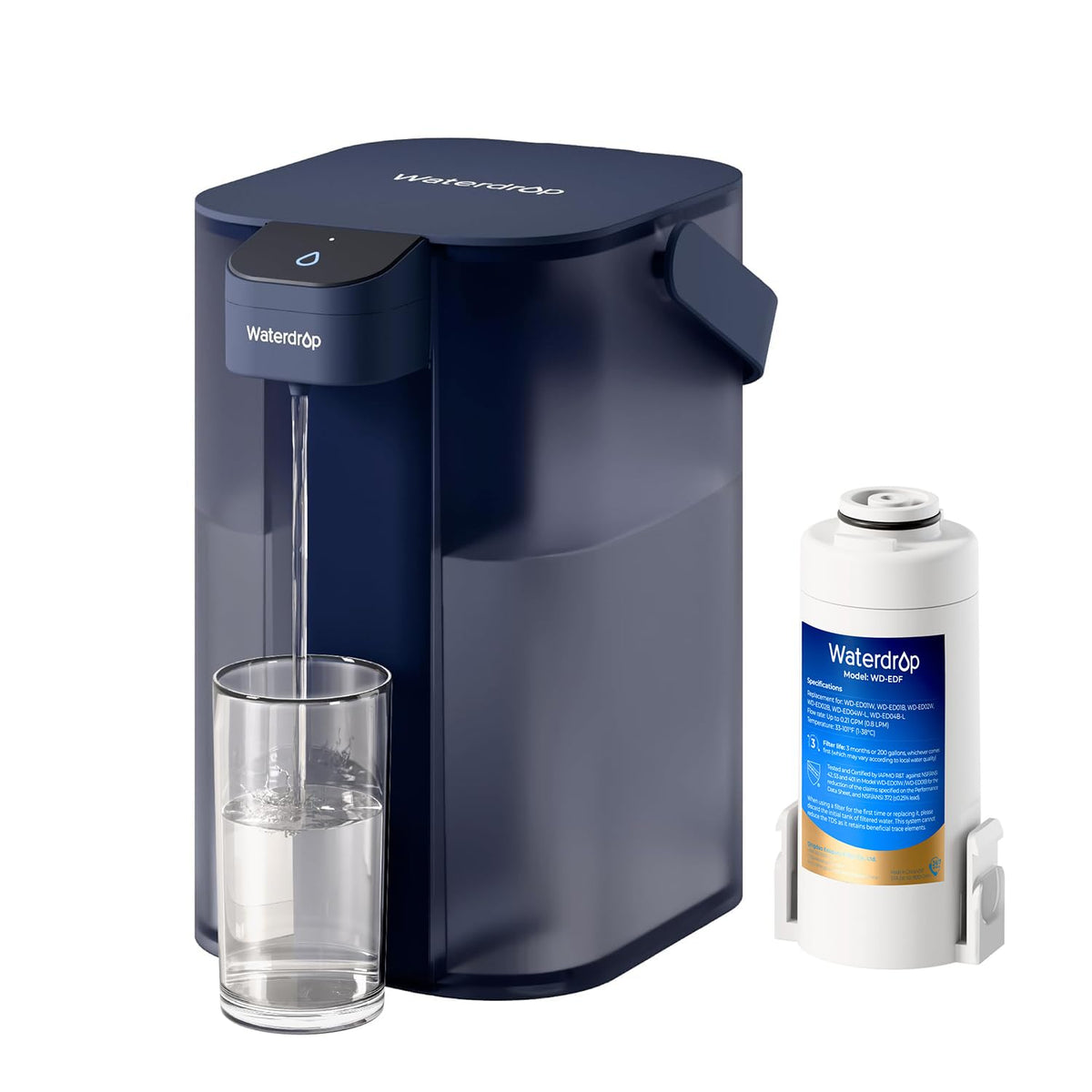 Waterdrop ED01B front view shows compact blue pitcher and fast dispensing