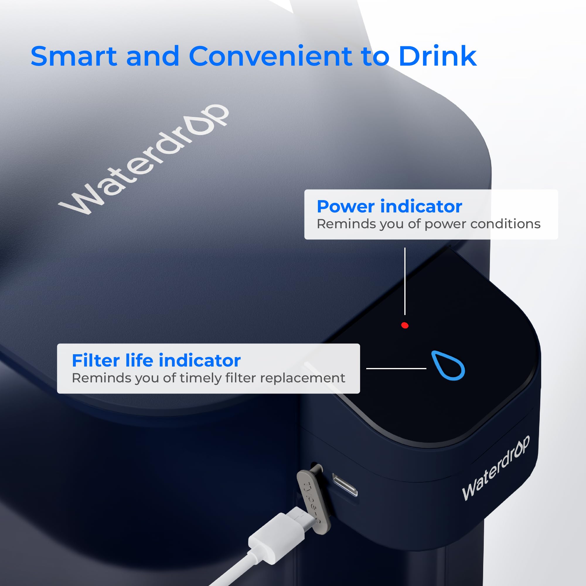 Waterdrop ED01B on a kitchen counter showing convenient countertop use