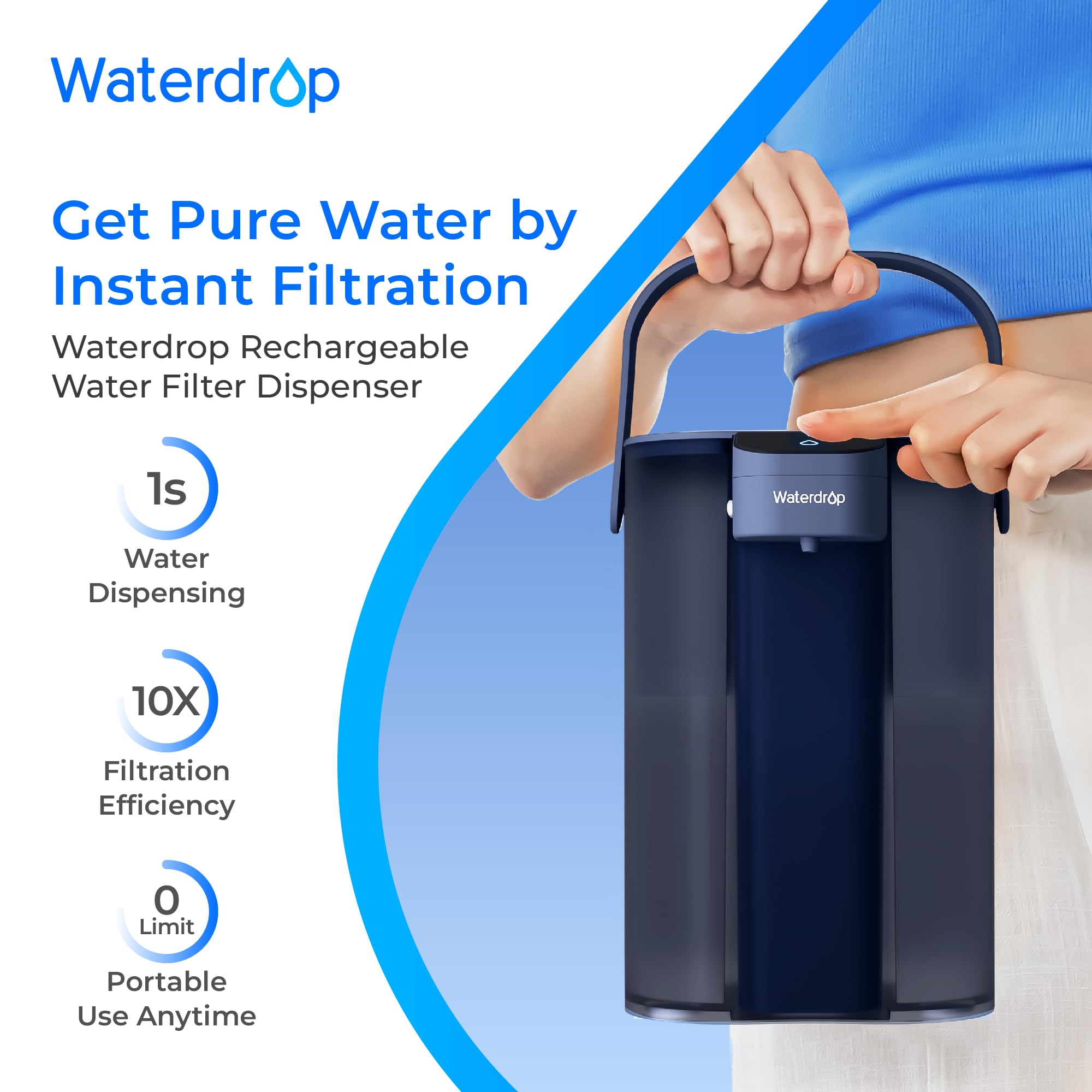 Waterdrop ED01B top spout closeup highlighting one-touch electric pour benefit