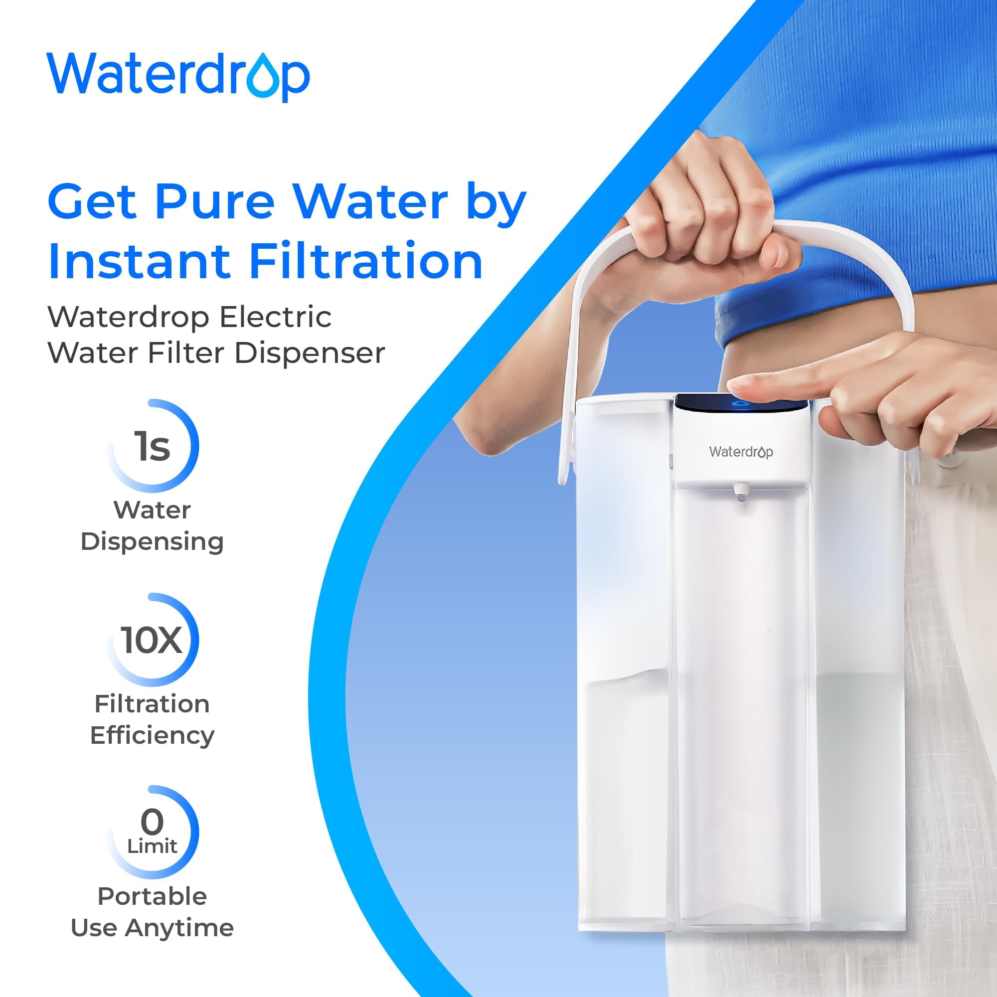 Waterdrop ED01W touch button detail demonstrating one-second electric dispense convenience