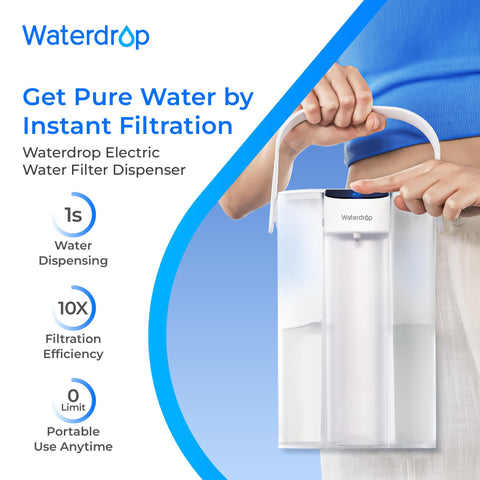 Waterdrop ED01W touch button detail demonstrating one-second electric dispense convenience