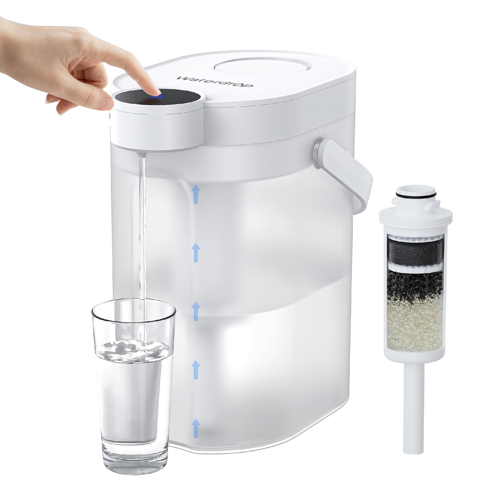 Waterdrop ED06W front view showing sleek white pitcher and large 17-cup capacity benefit