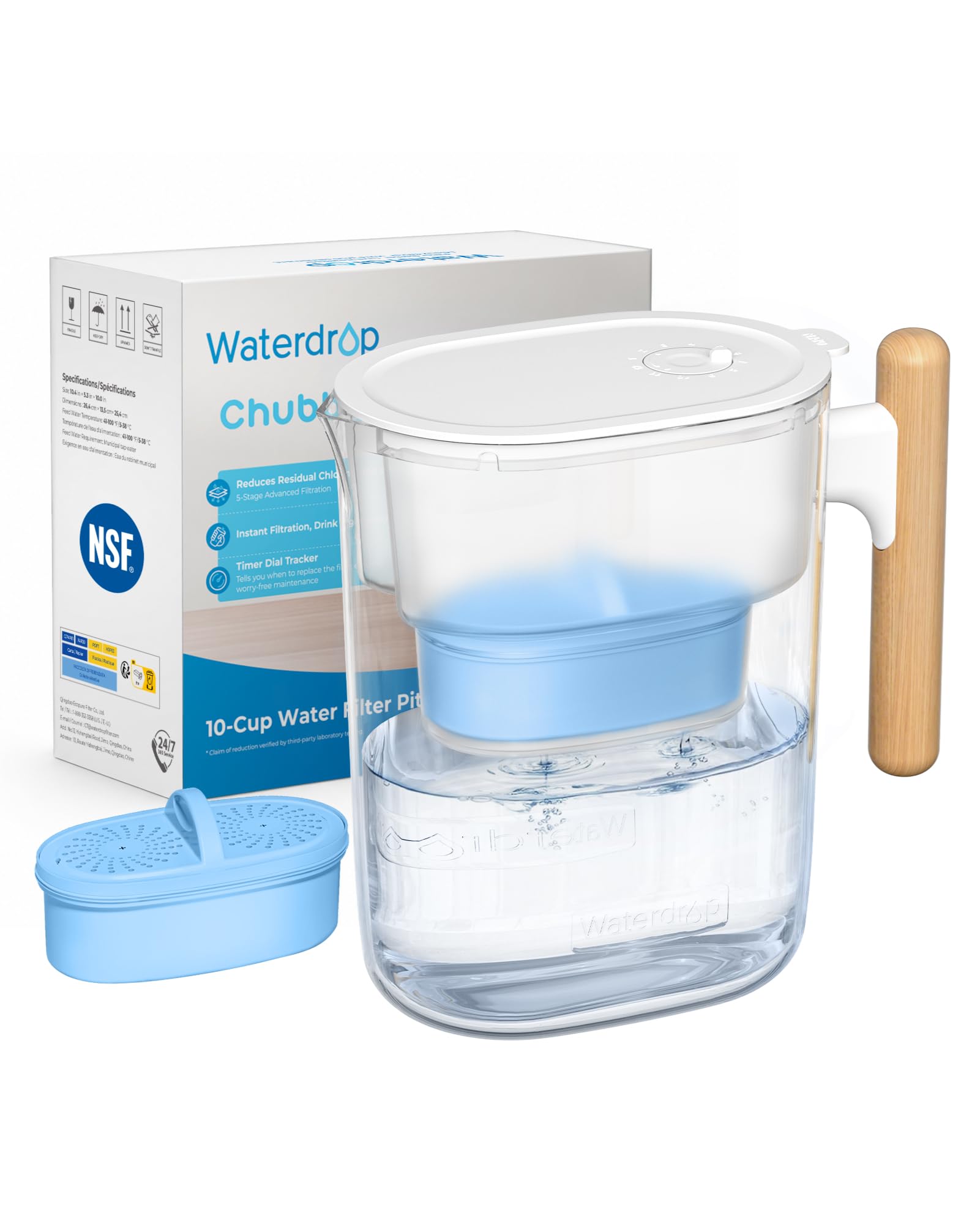 Waterdrop clear pitcher front view showing 10-cup capacity and clear reservoir benefit