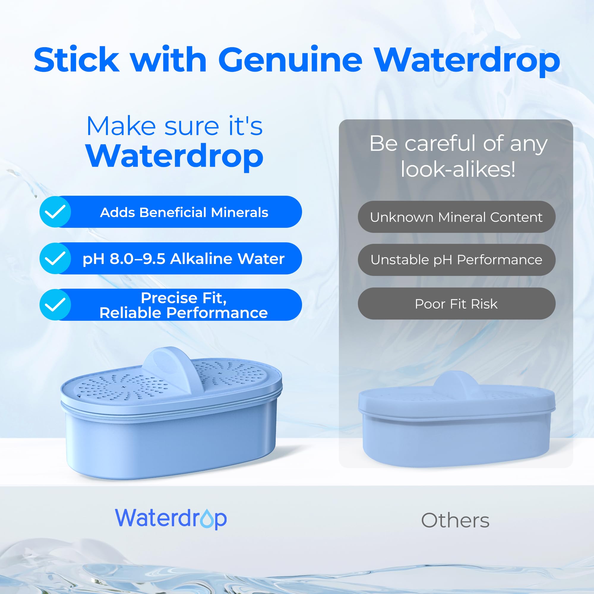 Waterdrop pitcher in refrigerator side door showing compact fit and convenient storage benefit