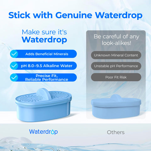 Waterdrop pitcher in refrigerator side door showing compact fit and convenient storage benefit