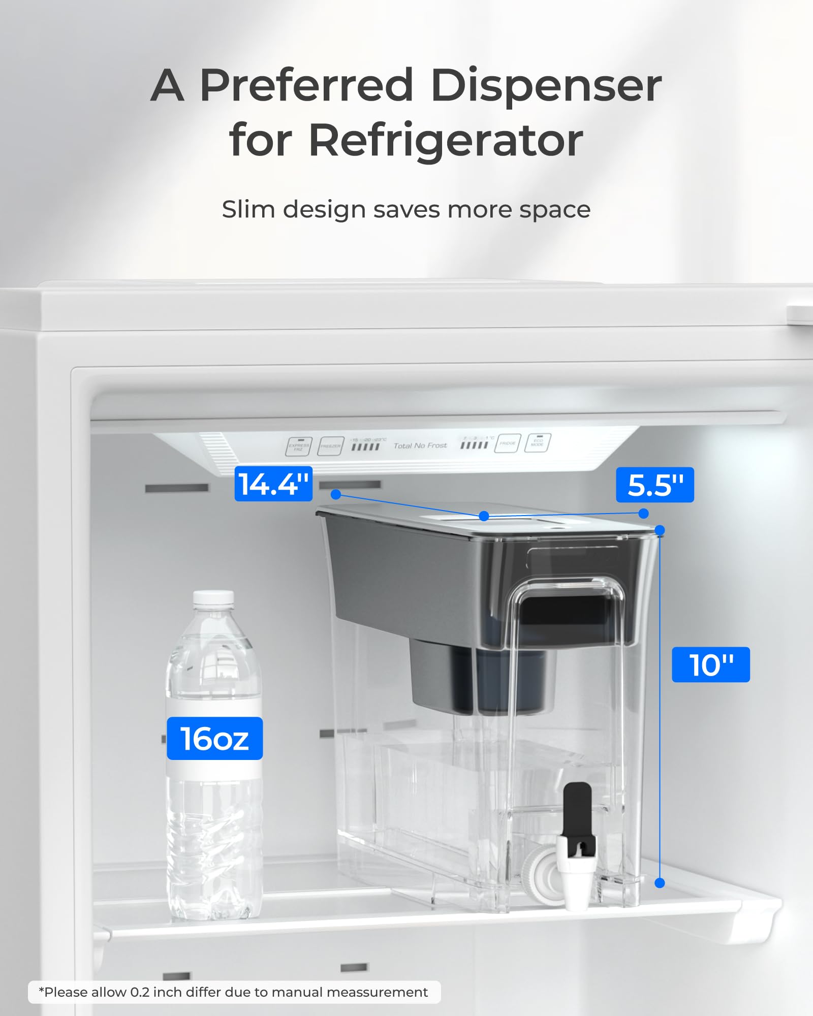 Waterdrop slim side profile showing narrow footprint for refrigerator saving space