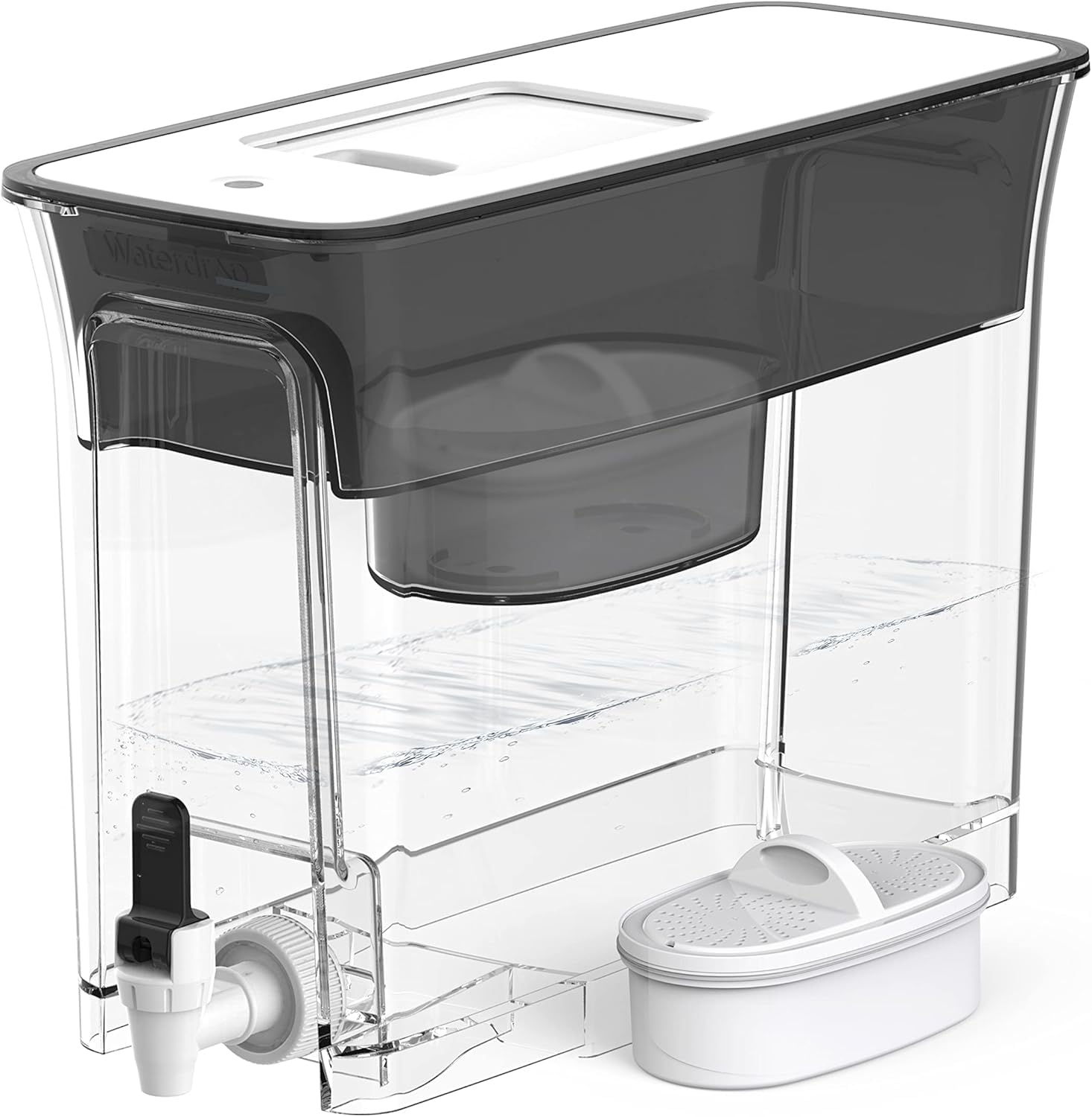 Waterdrop WFD-40L front view showing slim black dispenser and capacity markings for easy storage benefit