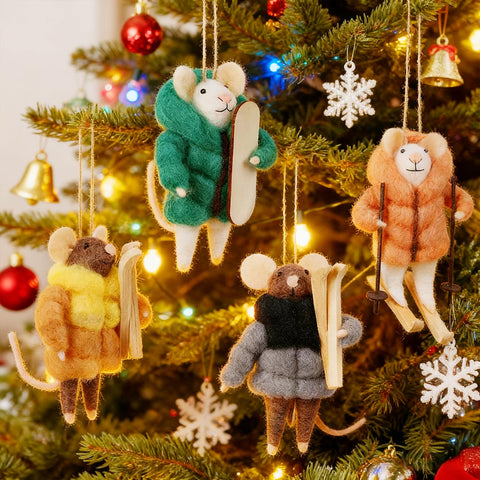 Watereem front view of four felt skiing mice showing hand-crafted charm