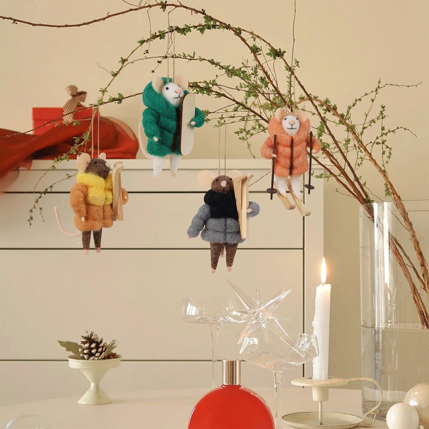 Watereem mice on a mantel illustrating seasonal home styling ideas