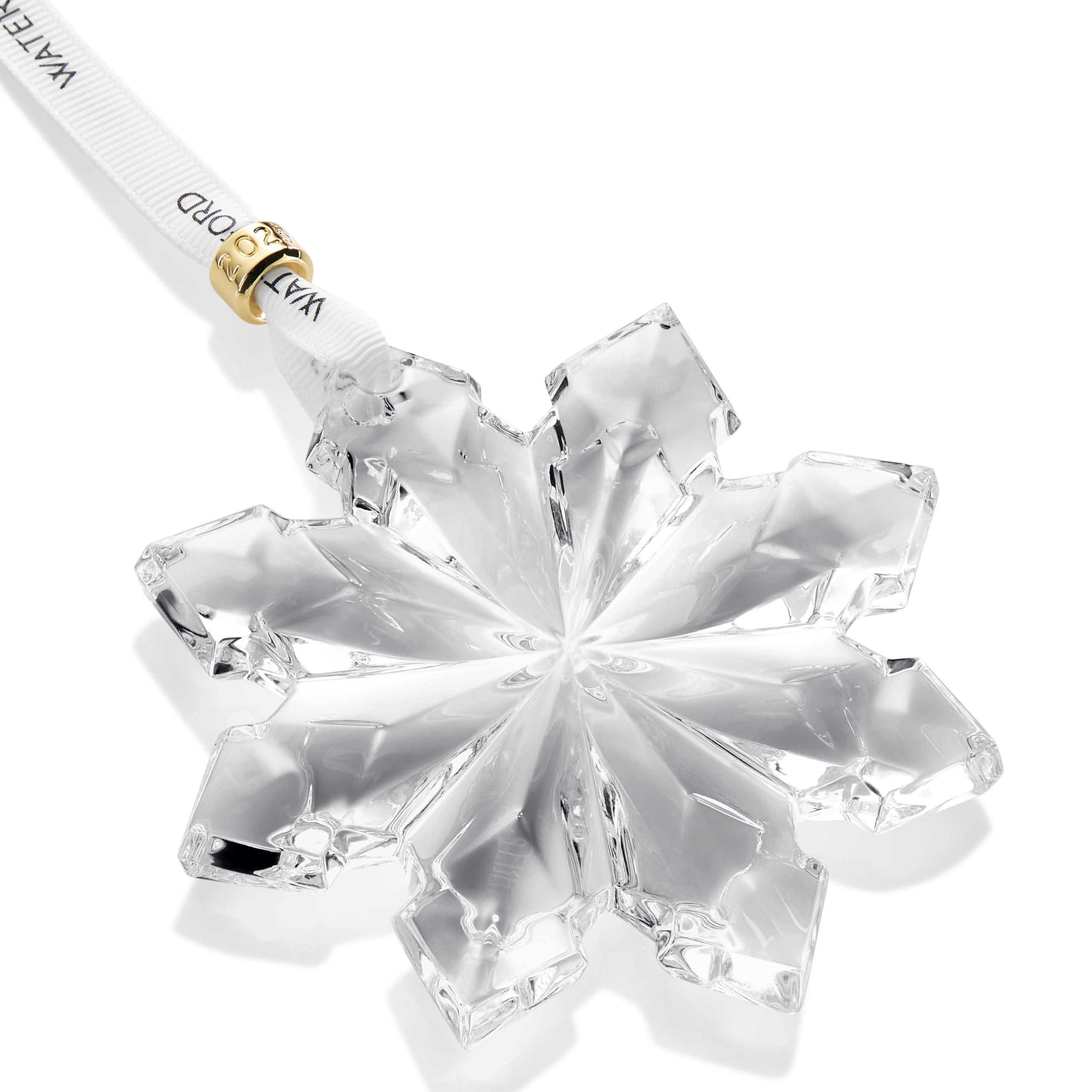 Waterford ornament suspended by branded ribbon with extra ribbon for styling versatility