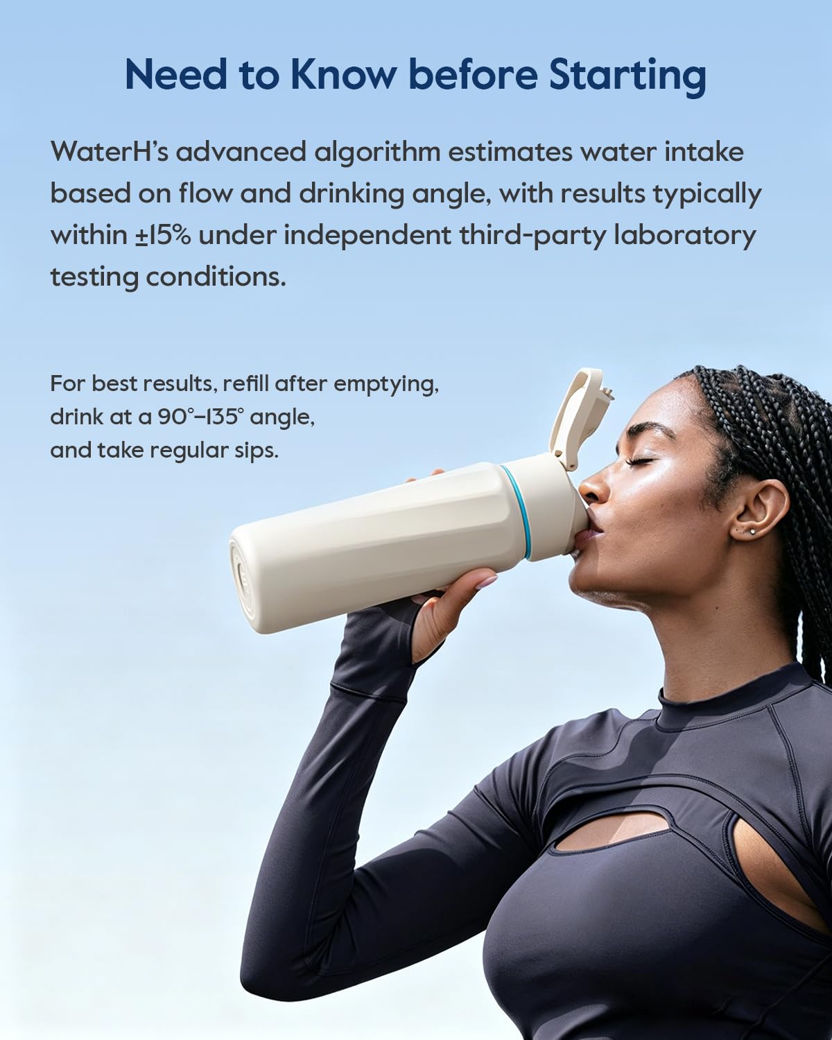 WATERH BOOST app sync screen displaying intake data and tracking benefit