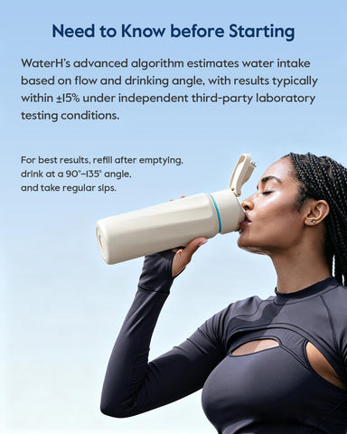 WATERH BOOST app sync screen displaying intake data and tracking benefit