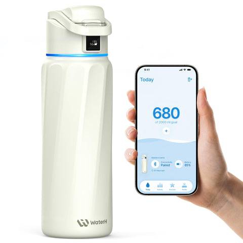 WATERH BOOST front view showing insulated bottle and branding benefit: durable hydration