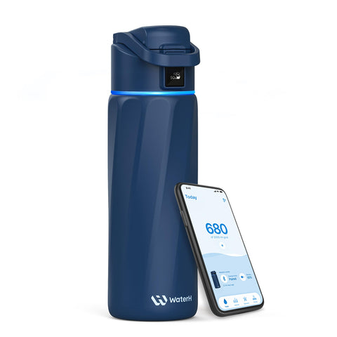 WaterH BOOST front view showing sleek stainless-steel finish and branding for stylish hydration