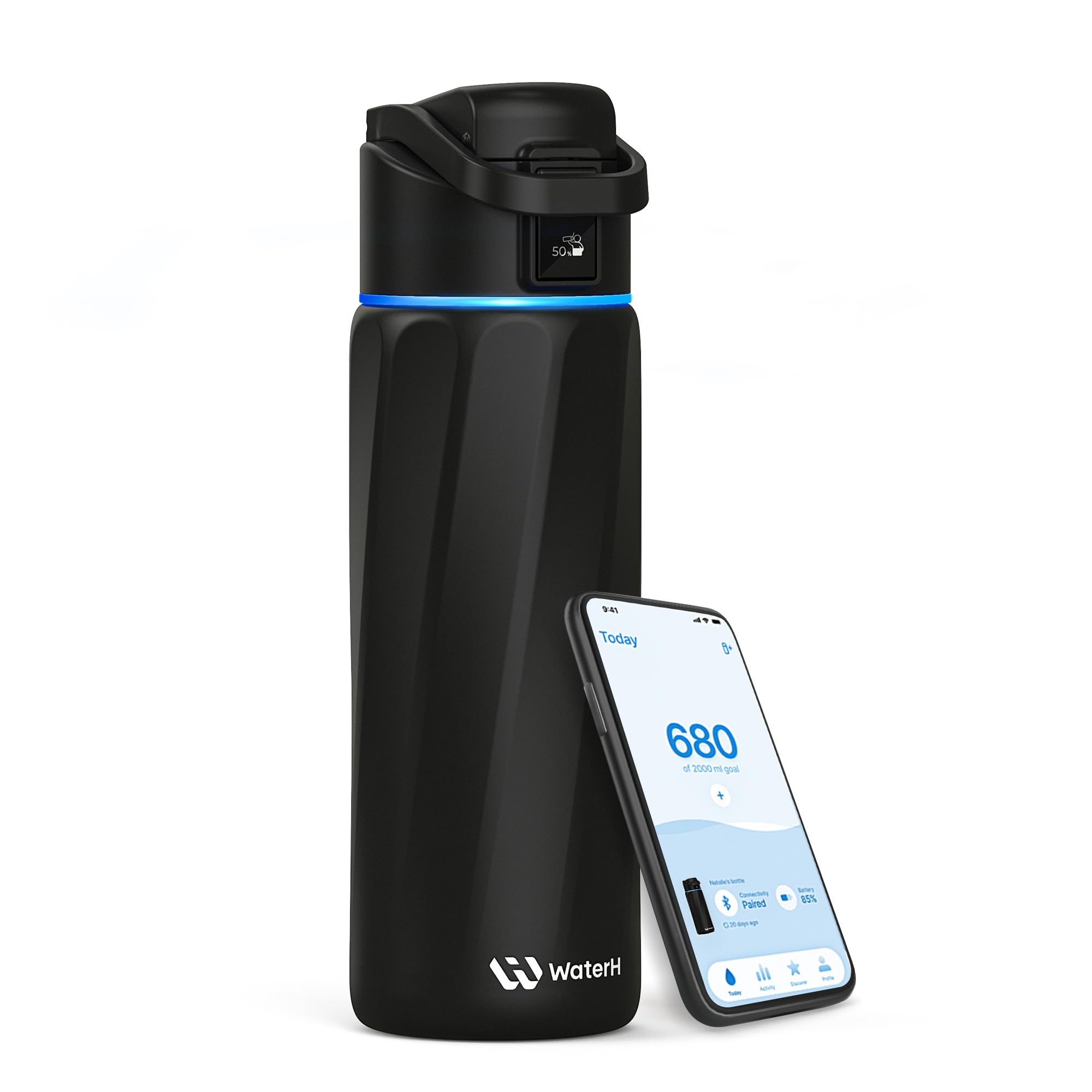 WaterH BOOST front view showing bottle and smart lid, highlights durable design