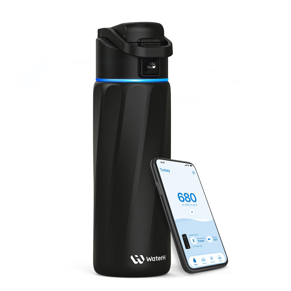 WaterH BOOST front view showing bottle and smart lid, highlights durable design
