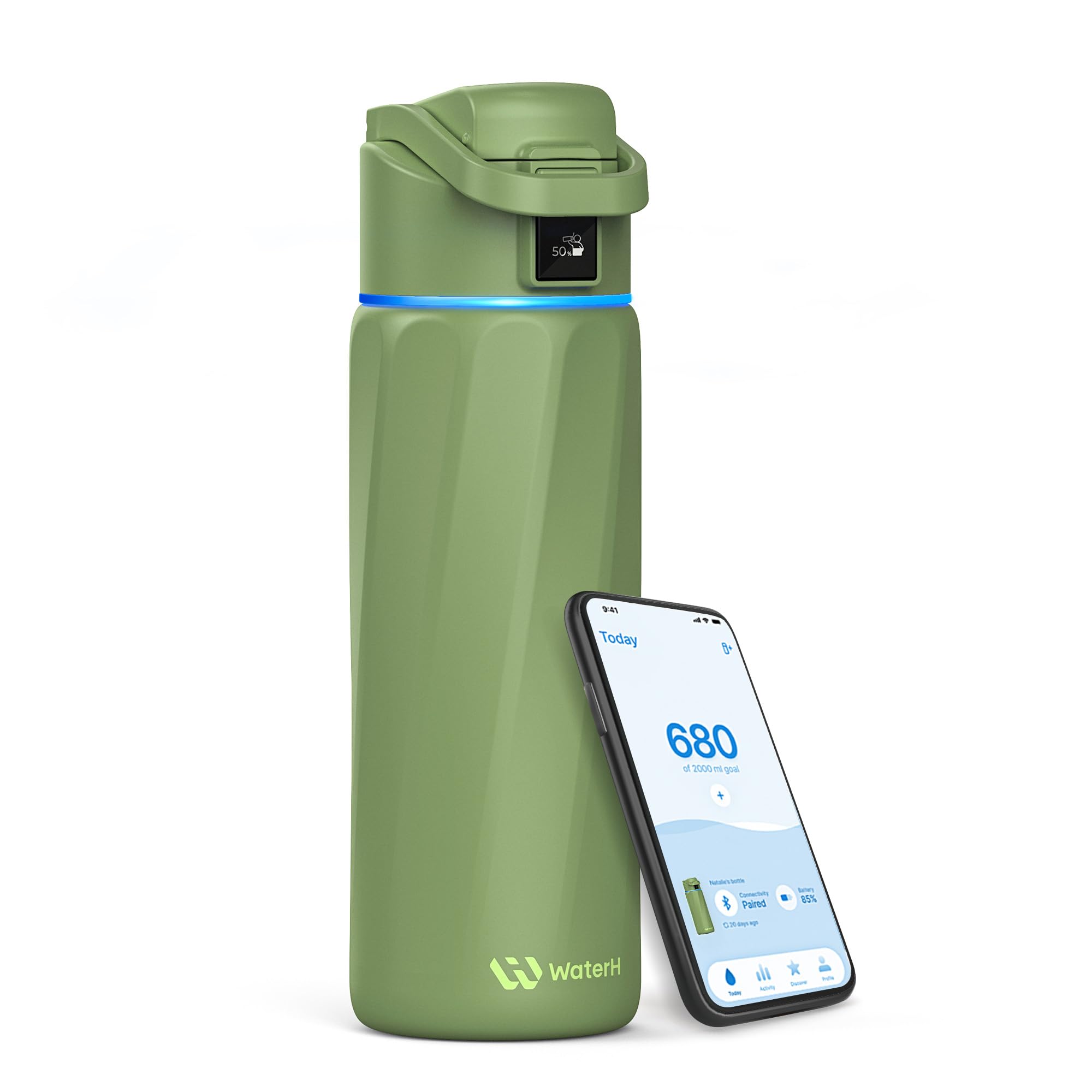 WaterH BOOST front view showing sleek insulated bottle and logo, stylish and durable