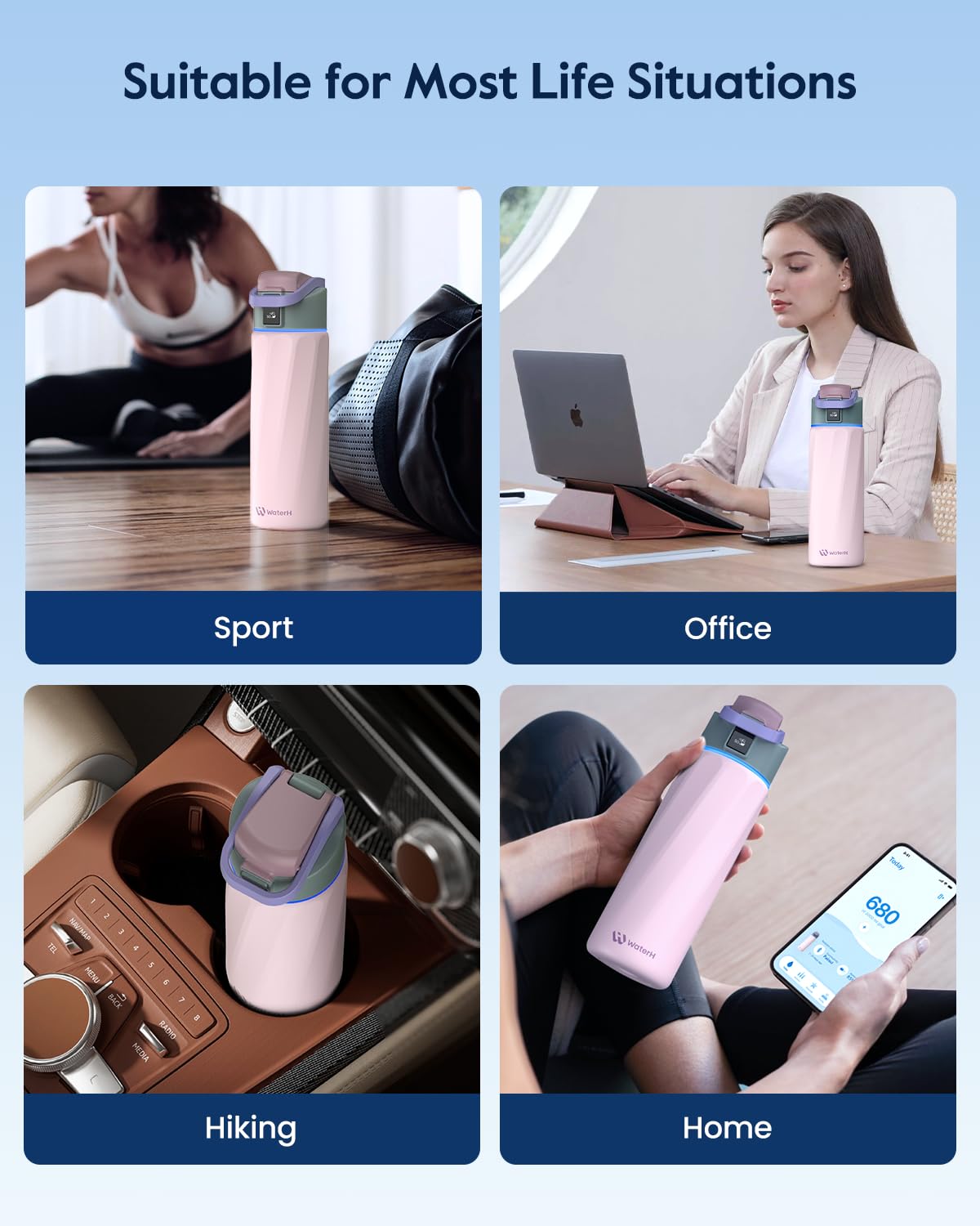 WaterH BOOST seated in car cupholder highlighting travel-friendly 24oz fit