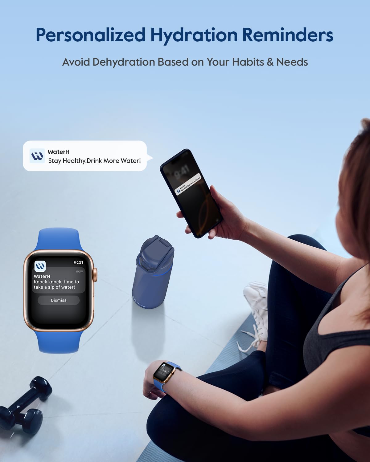 WaterH BOOST lid halo light glowing as a gentle reminder to sip throughout the day