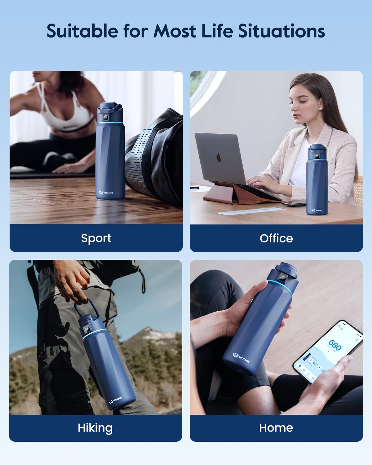 WATERH BOOST beside a water glass showing 32oz capacity for fewer refills
