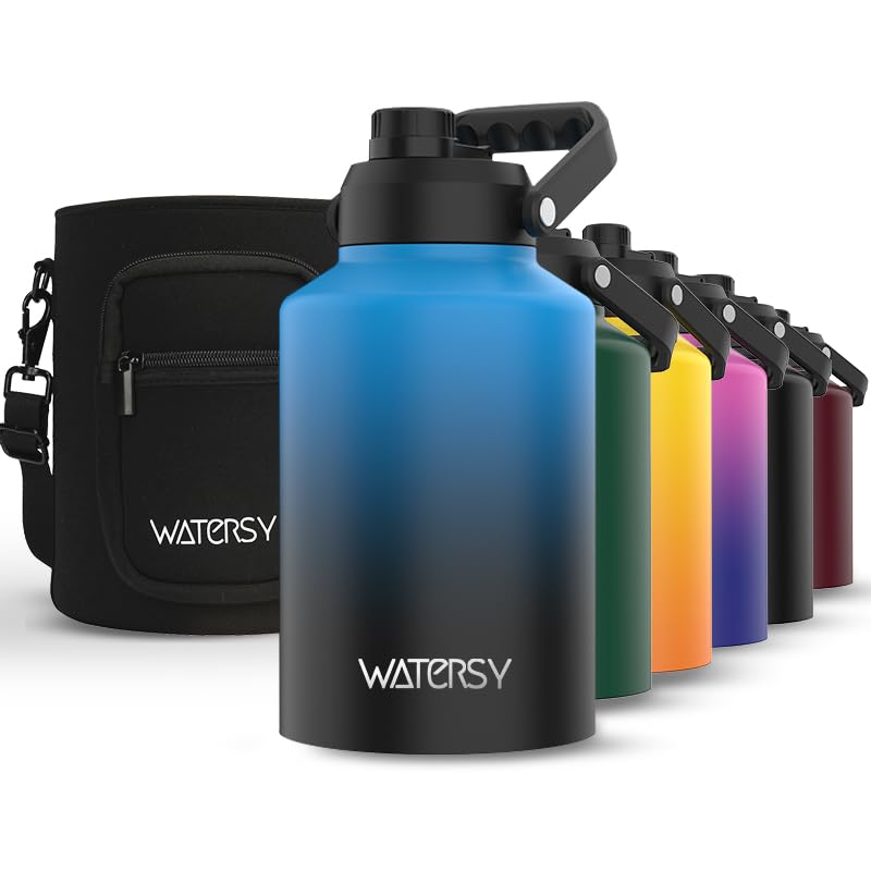 WATERSY 128oz jug front view showing capacity and gradient blue finish, durable and portable