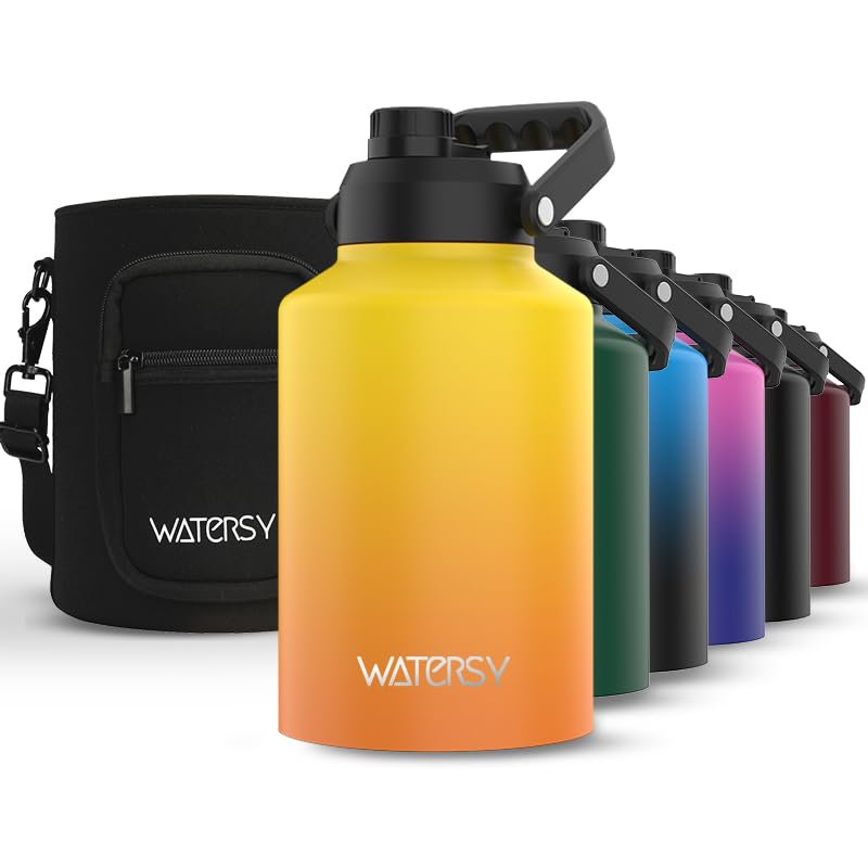 WATERSY front view of 1 gallon jug showing handle and gradient yellow finish, great for travel