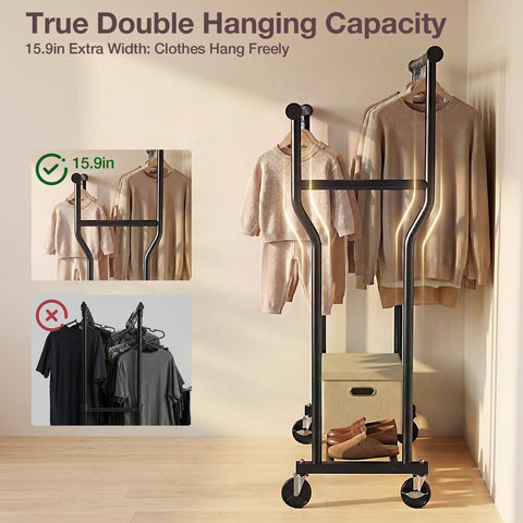 WATIOWL detail of 15.9 inch gap between dual rods keeping clothes wrinkle-free and breathable