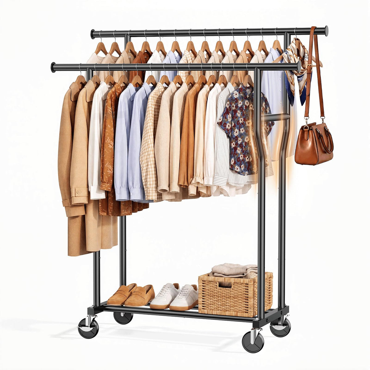 WATIOWL front view of full rack showing double-rod capacity and sleek black finish for organized storage