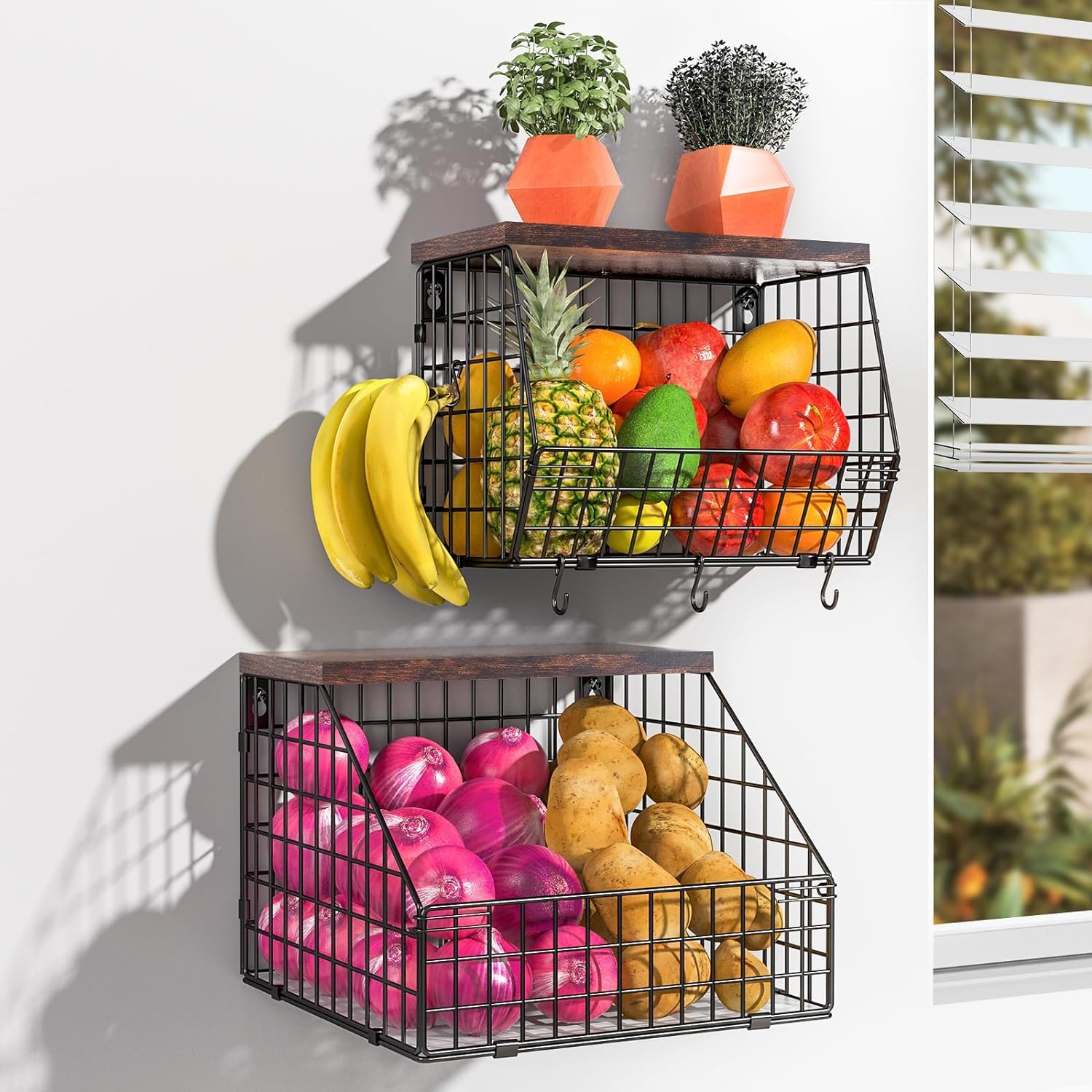 Wawocs front view wall-mounted baskets showing organized produce and saved counter space