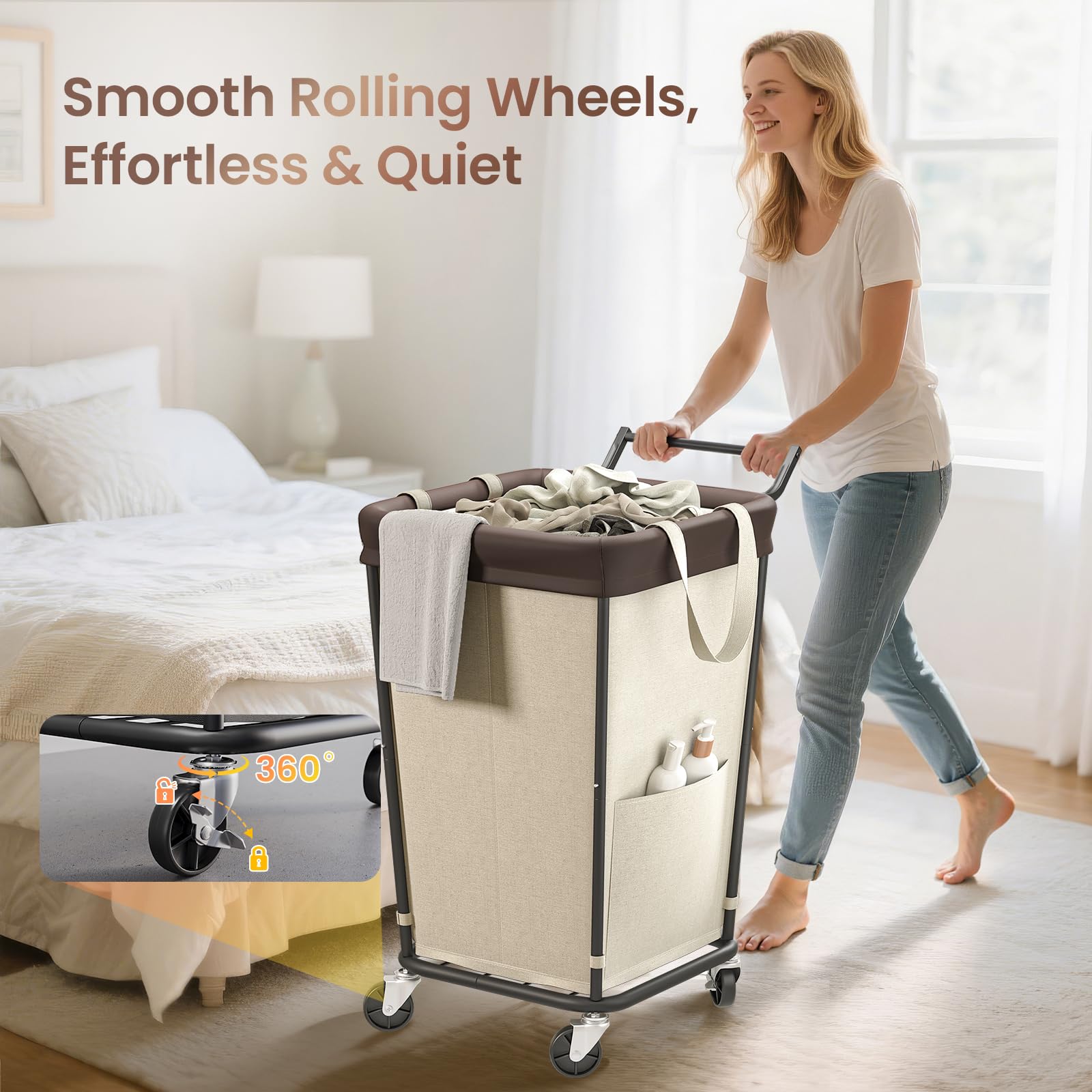 Wawocs swivel wheels and one-click brake detail for quiet rolling and secure parking