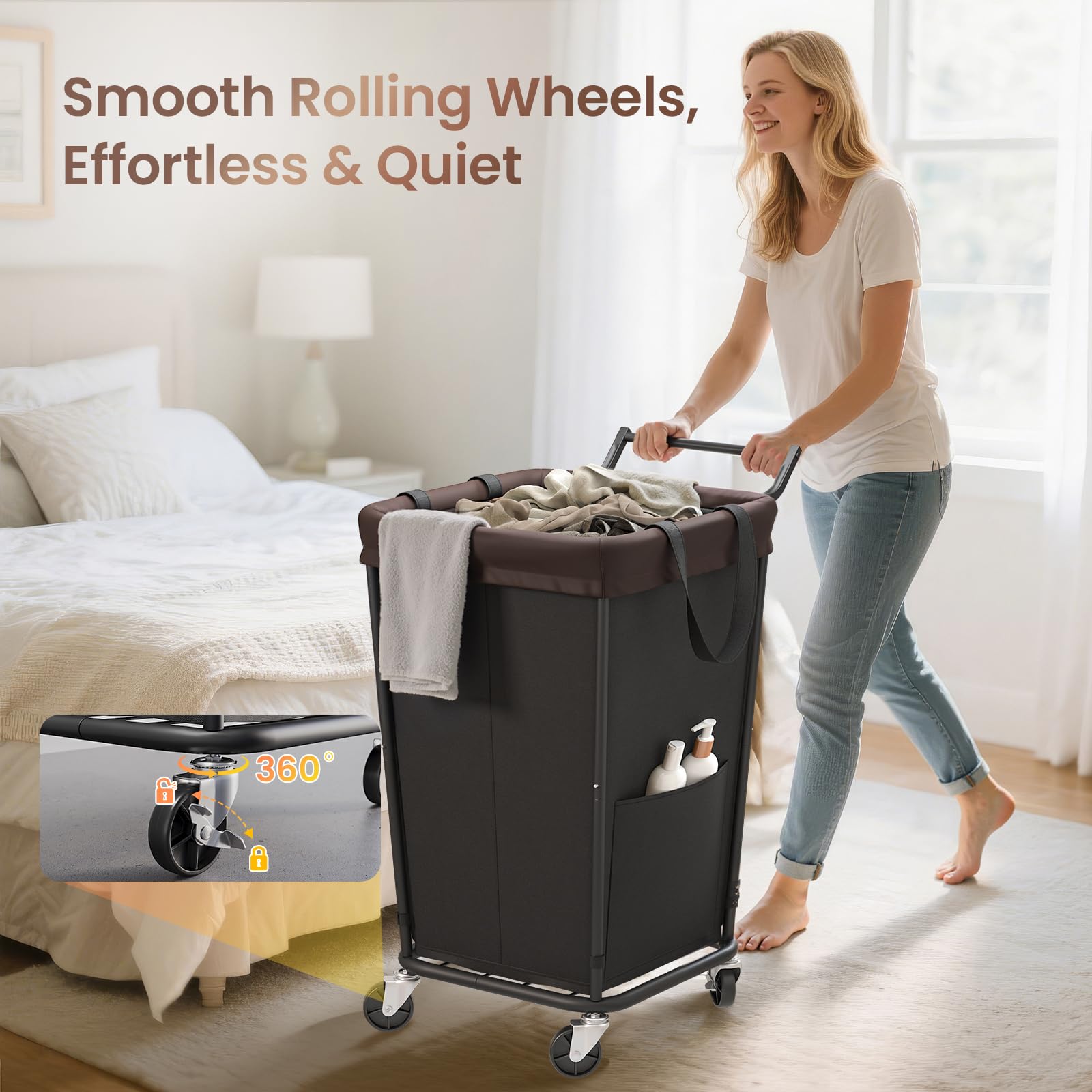Wawocs wheels and one-click brake visible for quiet, controlled mobility