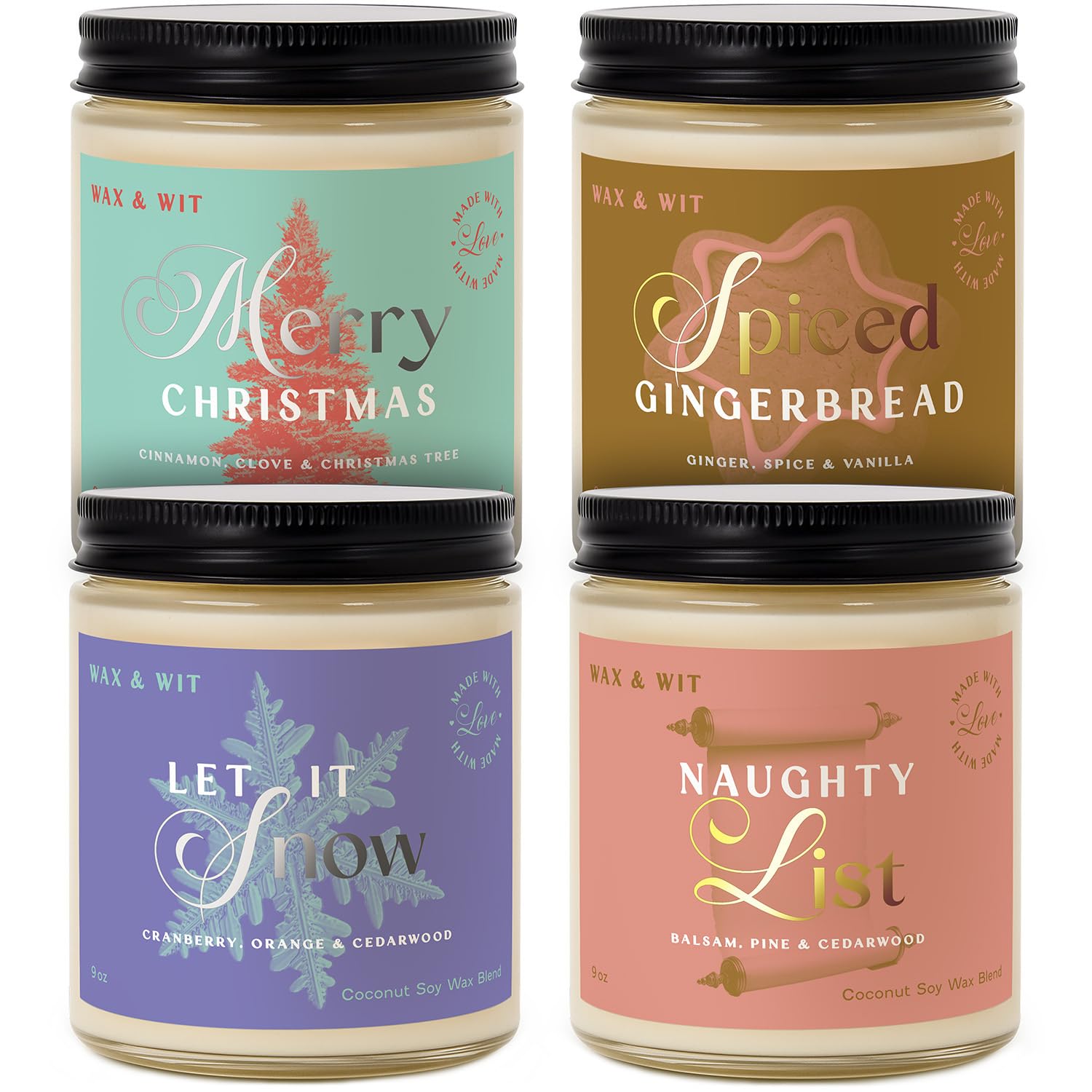 Wax & Wit front packaging showing four-jars set, perfect gift presentation