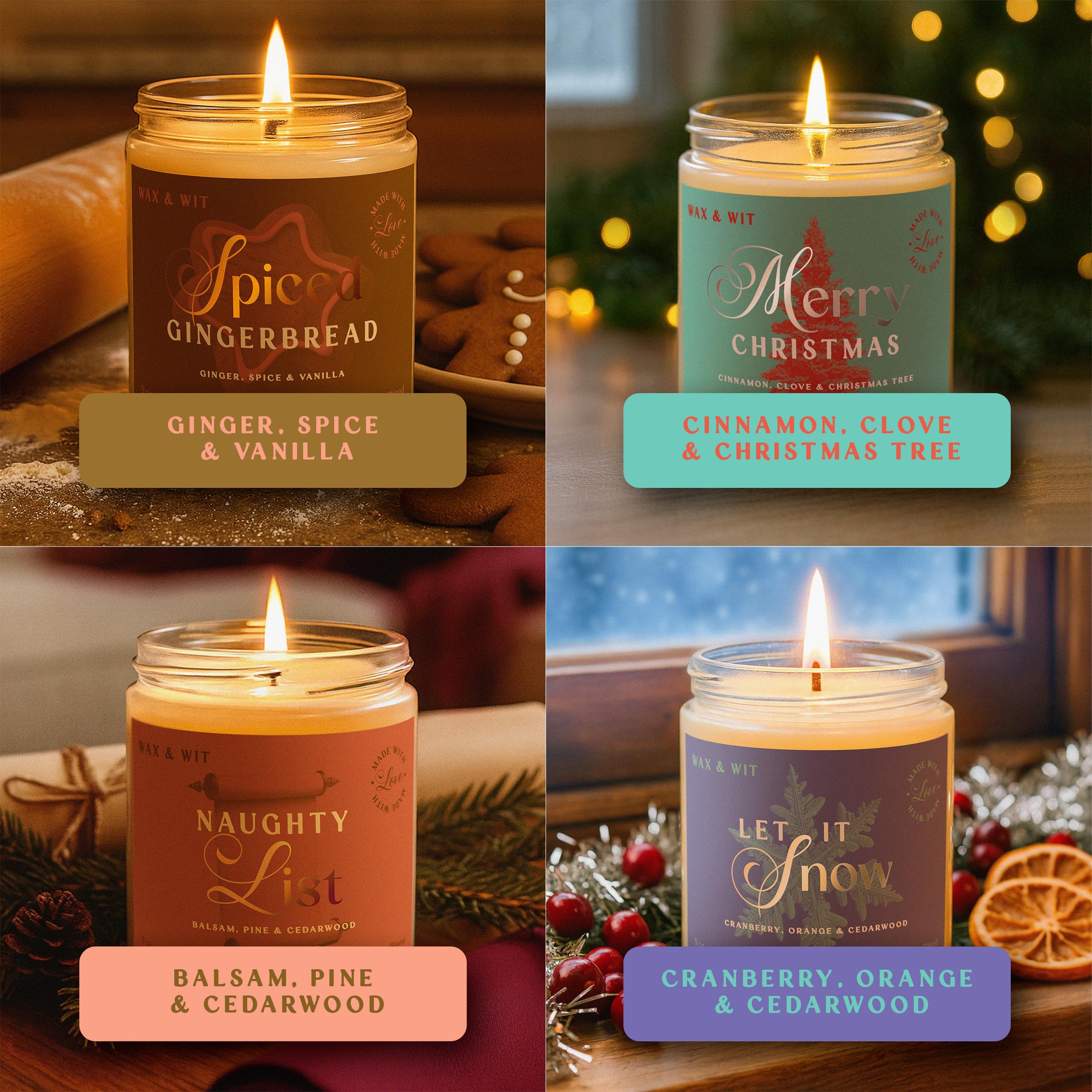Wax & Wit candle jars top view displaying wax pools and labels, clear scent identification