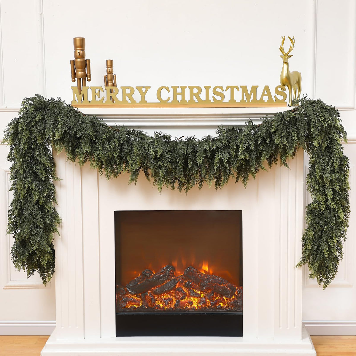 Waydress front view of 9 ft cedar garland showing lush greenery and length benefit