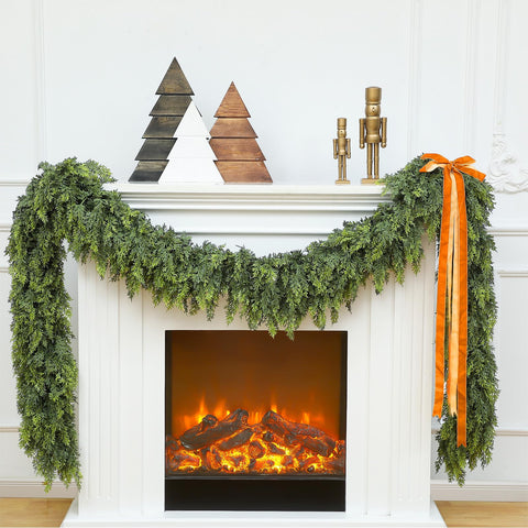 Waydress front view of 9 ft cedar garland showing full, lifelike greenery and instant curb appeal