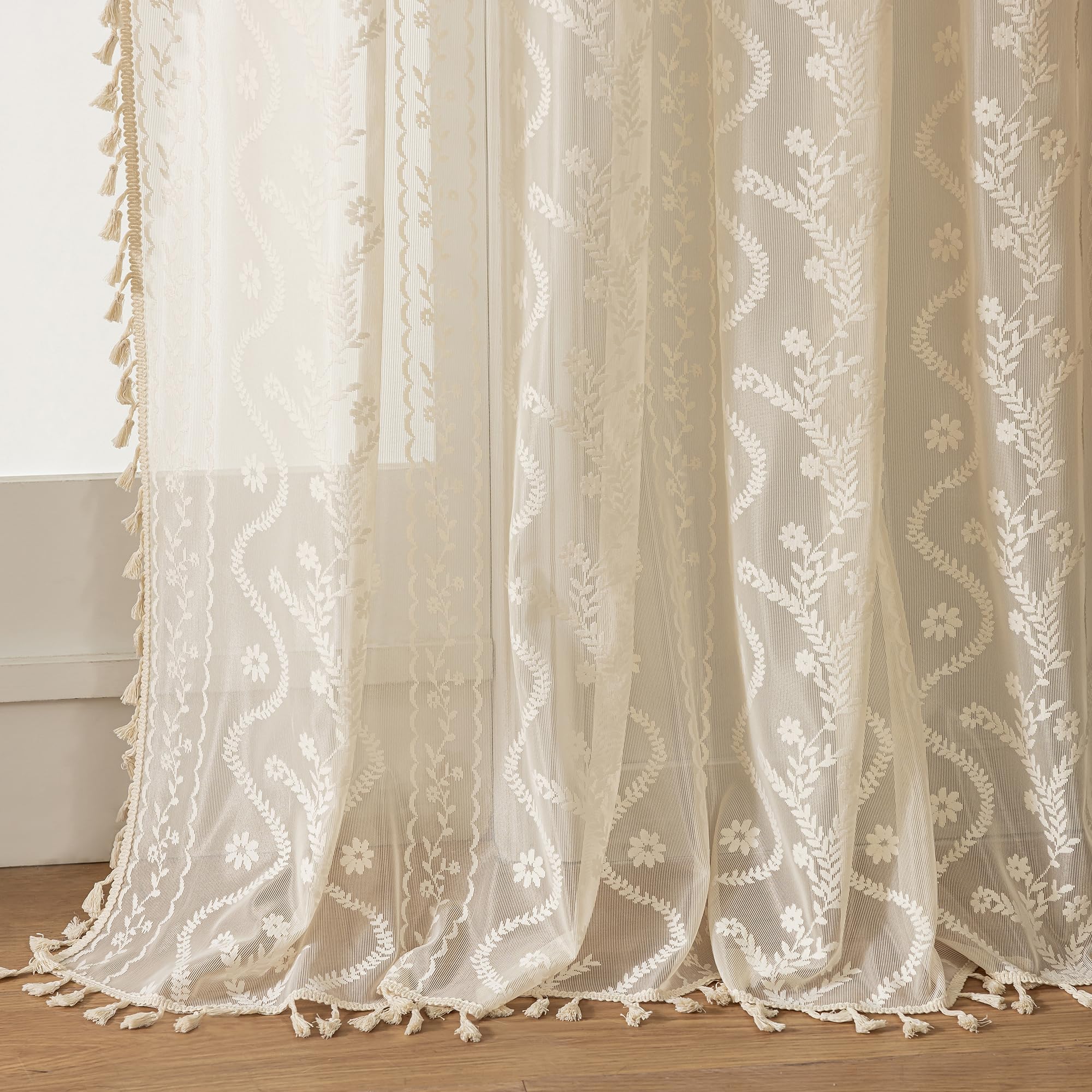 WAZZIO front view of beige lace panels showing vintage floral elegance and soft light