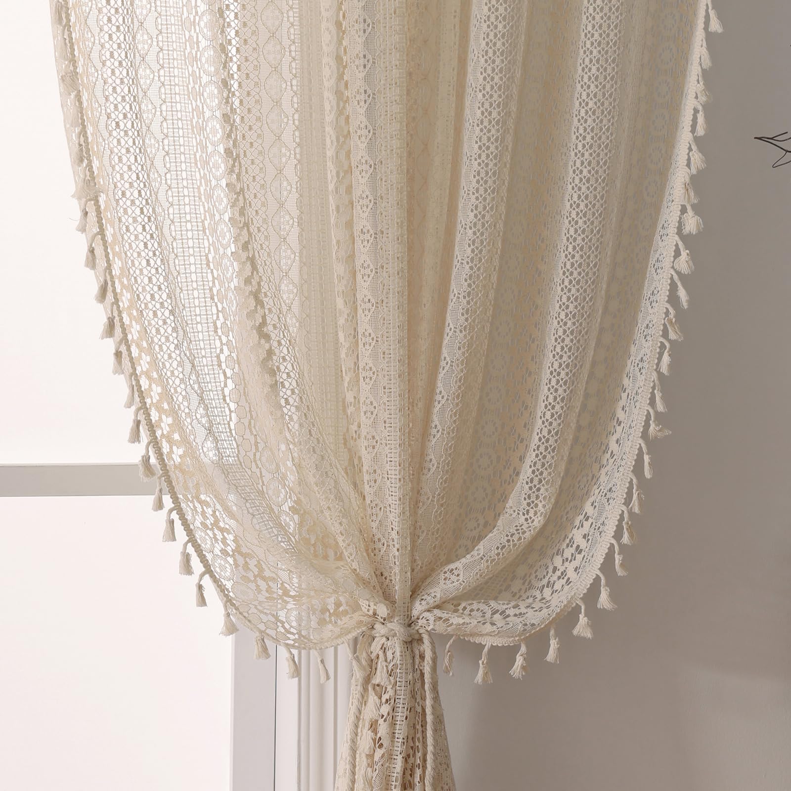 WAZZIO front view of beige crochet curtain panels showing soft texture and warmth