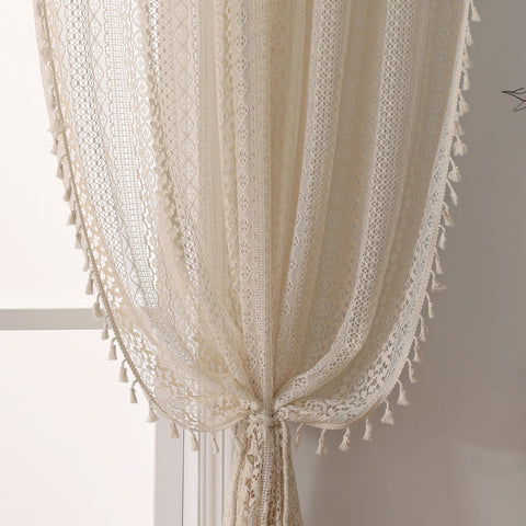 WAZZIO front view of beige crochet curtain panels showing soft texture and warmth
